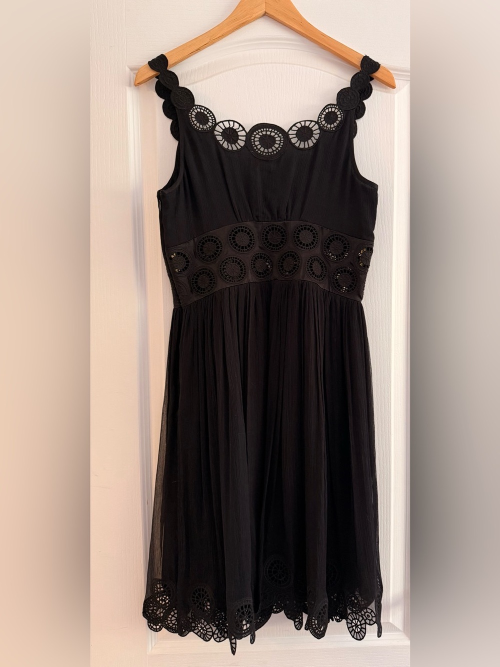Catherine Malandrino Black Sleeveless Silk Dress with Circular Cutout Trim